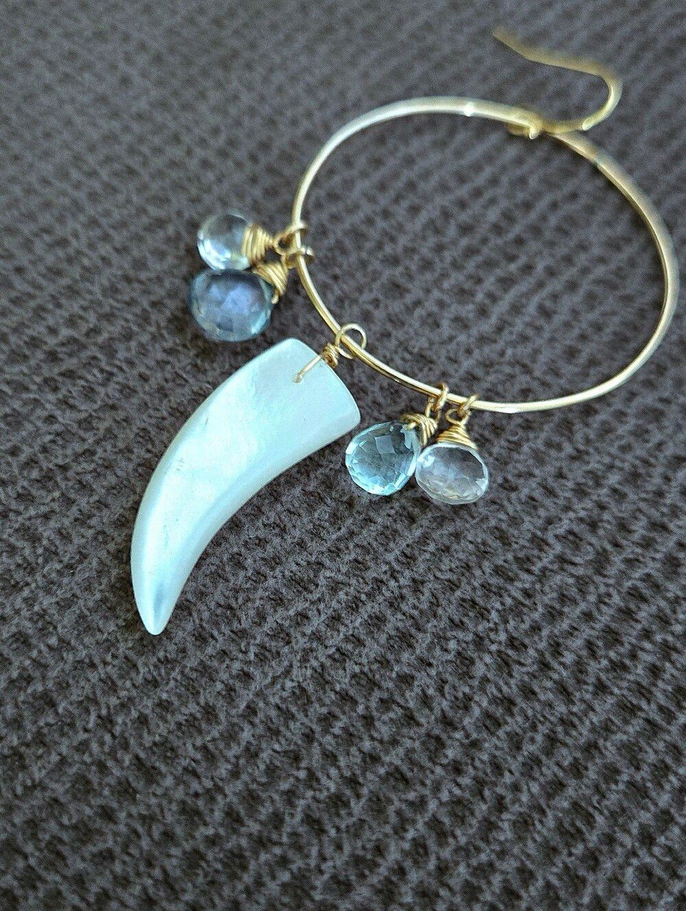 Open Gold💛 Circle⭕️ Earrings with Mother of Pearl Horn📯 and Gemstones💎 - Picture 7 of 15
